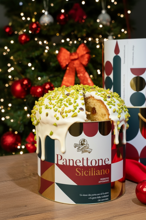 Panettone siciliano artigianale con colata di cioccolato bianco e granella di pistacchio - Forneria Marinetti
