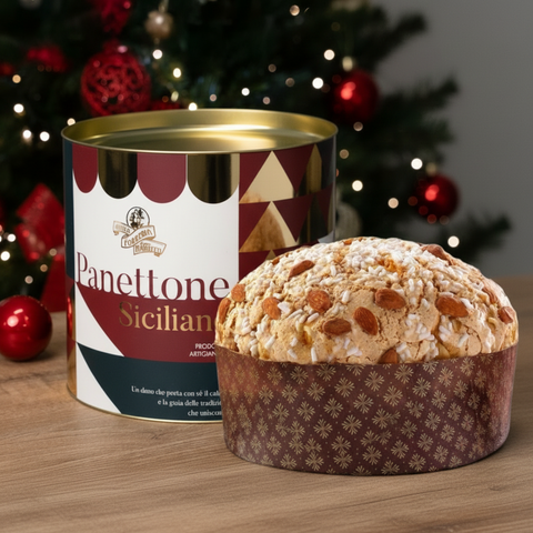 Panettone artigianale italiano con uvetta e canditi nella sua elegante scatola regalo - Forneria Marinetti
